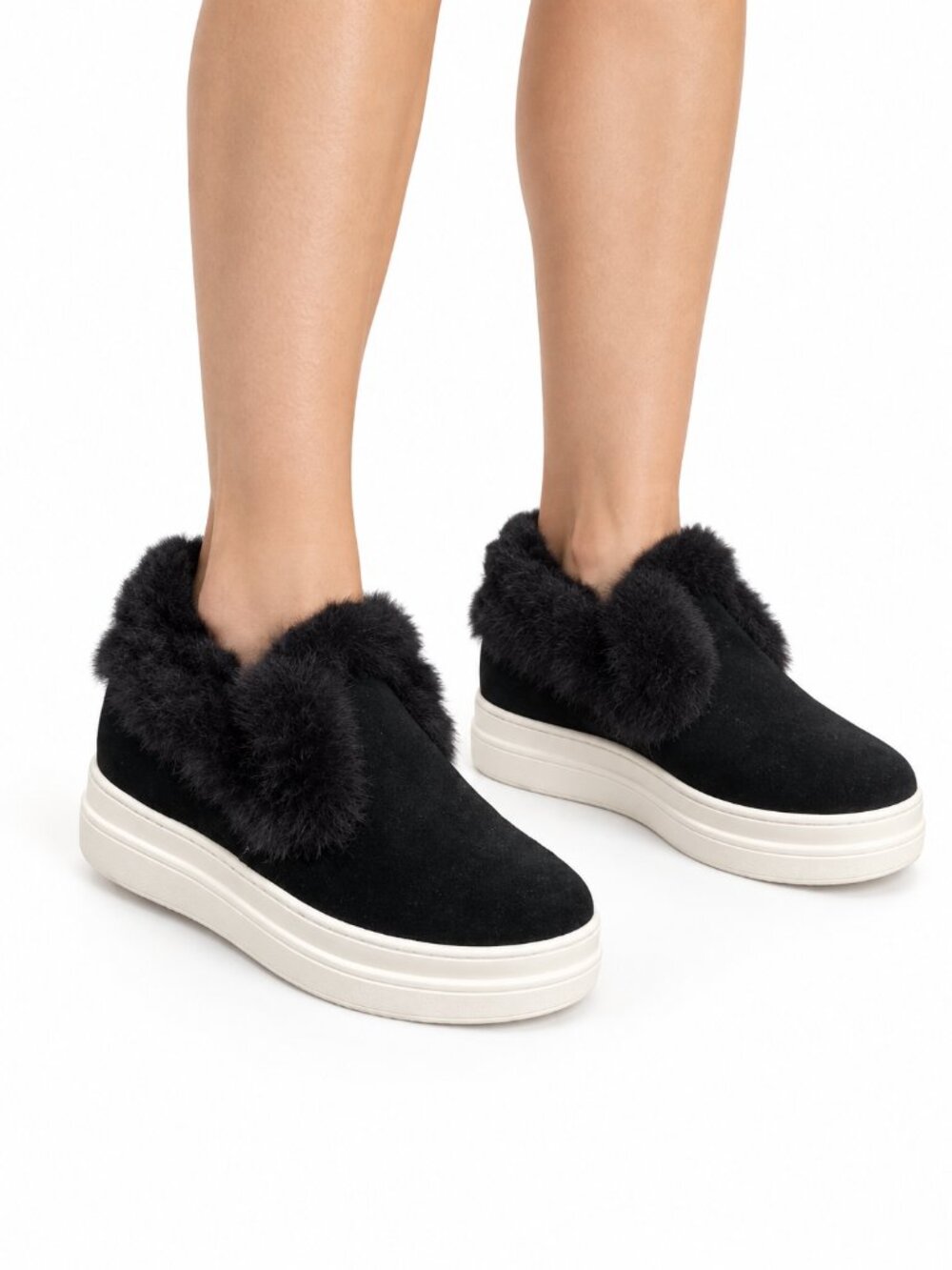 J/Slides Women's Black Faux Fur Platform Slip-On Sneakers, 7